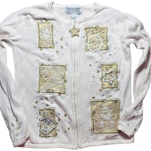 Vintage Cardigan gold HOLIDAY Ugly Christmas Sweater M grannycore Grandma CREAM